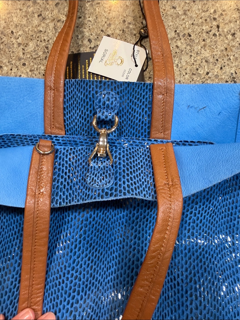 Sorial Rubina Blue Tote Bag with Brown Leather Handles - Picture 5 of 13